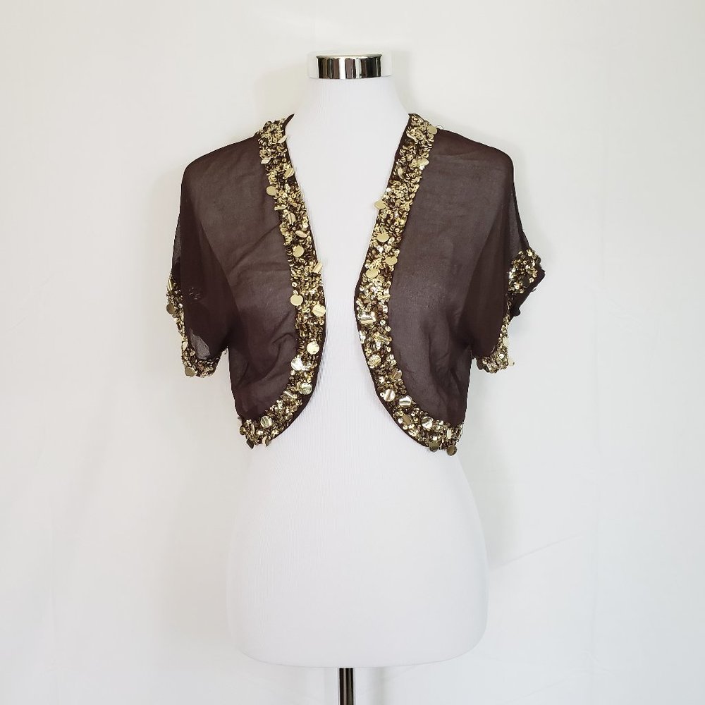 Echo Sheer Brown Shrug Gold Sequins Womens Medium